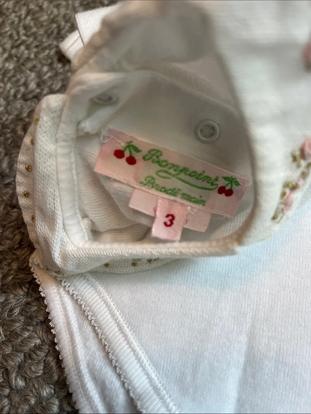 Bonpoint Classic White Baby One-Piece with Floral Peter Pan Collar
